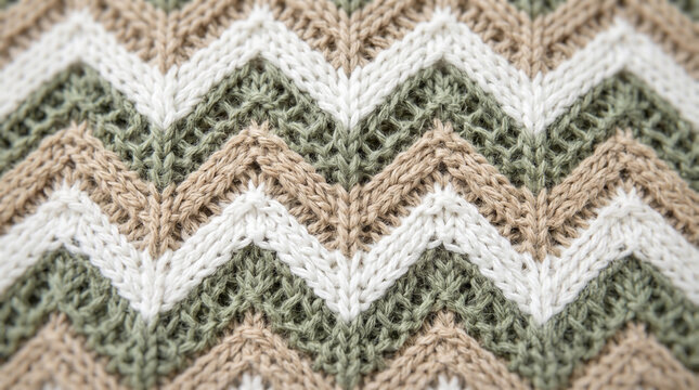 Close-up chevron knit pattern with beige white and green yarn in soft natural light
