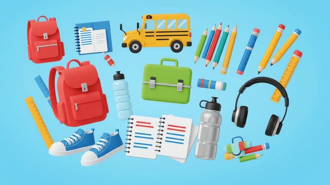 3D Rendered Set of Educational Stationery Supplies and School Accessories for Students and Teachers Learning Materials