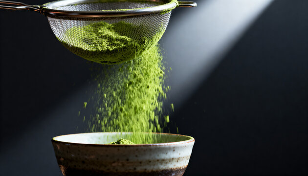 green matcha powder falling through mesh strainer into ceramic bowl