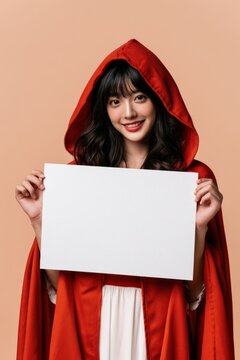 Smiling Red Hooded Woman Holding Blank Advertising Sign