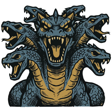 Mythological multi-headed hydra monster beast illustration with aggressive dragon heads and sharp fangs in vintage graphic style