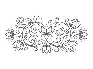 Fototapeta premium Elegant floral vine line art drawing with decorative swirls and blossoms on white background