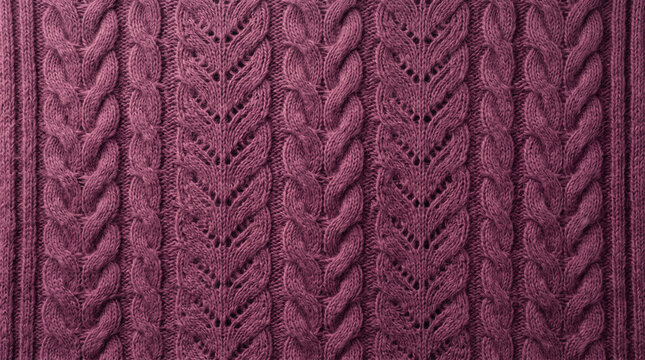 Close-up of a deep magenta cable knit sweater texture with intricate patterns and soft studio lighting