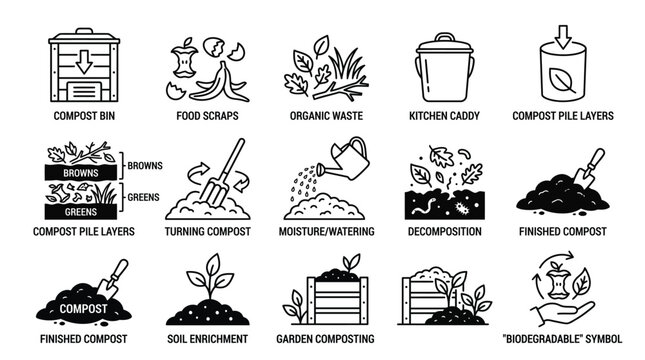 Compost process educational infographic collection featuring black and white vector icons for sustainable organic waste management