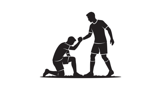 Referee assisting injured soccer player on field black silhouette