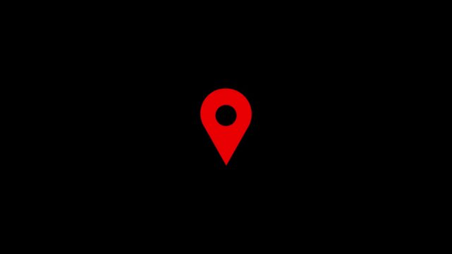 Red map pins progress across a black background