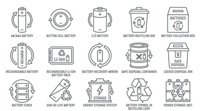 Detailed vector icon set illustrating battery recycling collection storage and safe disposal for eco friendly industry