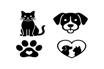 Fototapeta premium Set of black pet silhouettes including cat dog and paw print isolated on white background, Vector