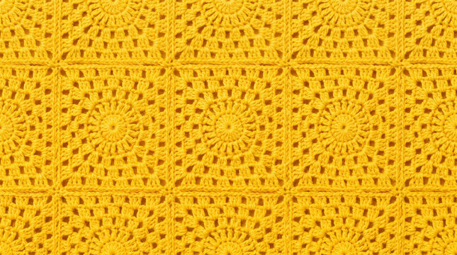 Close-up on a bright yellow sunburst crochet blanket with detailed stitches and soft shadows