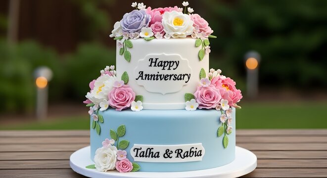 Blue and White Two-Tier Anniversary Cake with Sugar Flowers
Talha & Rabia Floral Anniversary Celebration Cake
Light Blue Anniversary Cake with Black Script Plaque