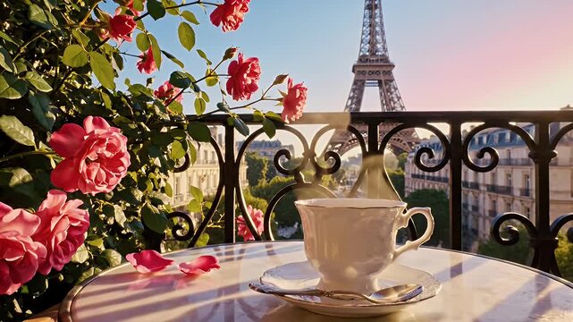 Romantic Parisian Balcony at Sunset with Pink Flowers, Teacup, and the Eiffel Tower