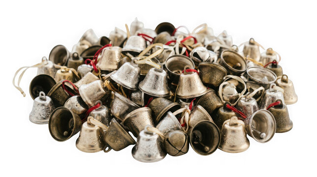 Pile of silver and bronze christmas bells isolated on transparent background