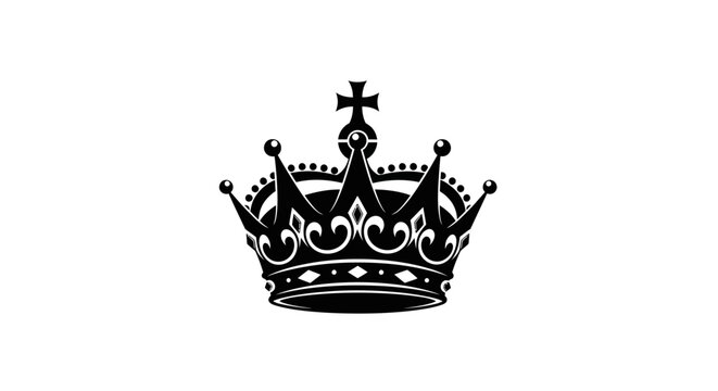 Black crown icon with cross with plain white background ornate white details top ornate monarchy symbol royal power king
