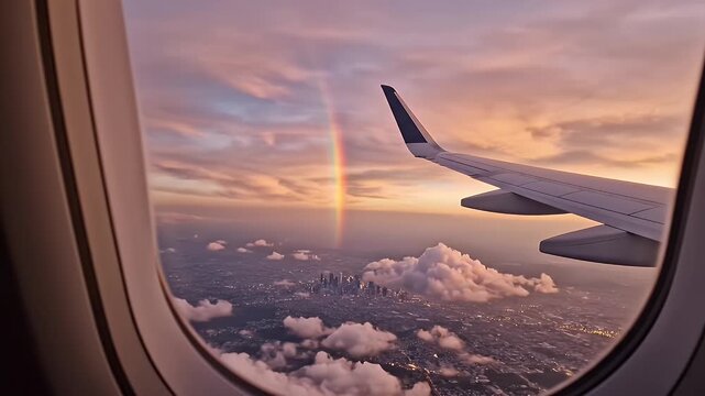 Serene Aerial Scene Through Airplane Window Showing Sunset-Hued Sky and Wing
