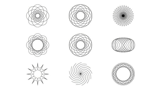 Geometric circular line art patterns showcase complex mathematical symmetry featuring black strokes on white background for modern graphic design projects