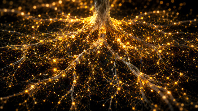 Glowing golden tree root system spreading with fiber optic light lines and sparks
