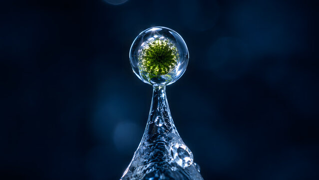 Macro shot of a green moss spore trapped inside a frozen transparent water droplet on a dark blue background