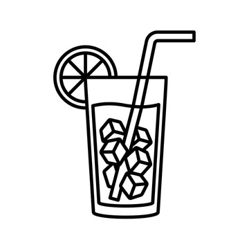 Cold beverage with ice cubes and lemon line art vector icon
