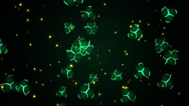 Abstract glowing green clovers and golden stars floating on dark background st patricks day animation 4k video