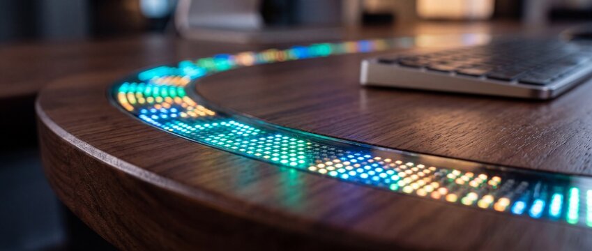 Curved edge lighting strip with vibrant led neon pixel matrix on polished wooden table surface for futuristic architectural interior design