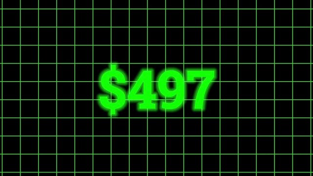 Glowing green dollar sign 1000 cash count animation motion video over futuristic digital grid line pattern on black background