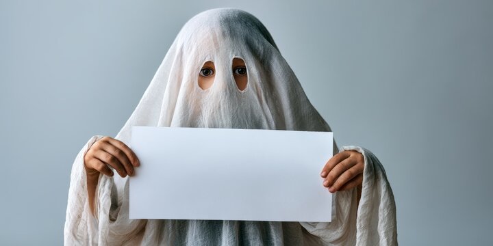 Curious Ghost Child Holding Blank Halloween Advertising Sign