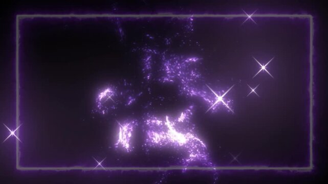 Abstract purple glowing particles form a nebulous shape, framed by a delicate luminous rectangle and accented with sparkling starbursts on a dark background.