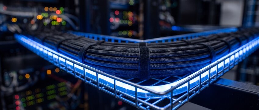 Black braided network cables organized on illuminated wire tray rack for high speed data transmission inside modern enterprise center