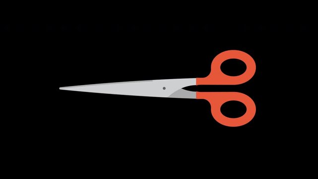 Animated scissors motion graphic opening and closing with no background. Orange handle cutting tool vector animation video clip for craft and office