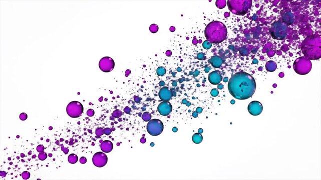 Purple and blue abstract liquid bubbles floating on a white background