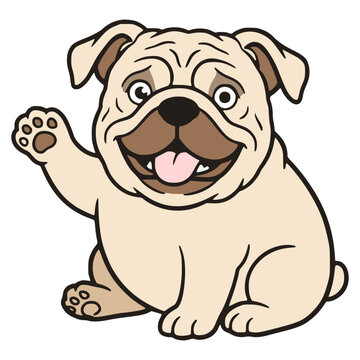 cartoon cute bulldog pet animal wave hand say hi character flat color vector illustration template design