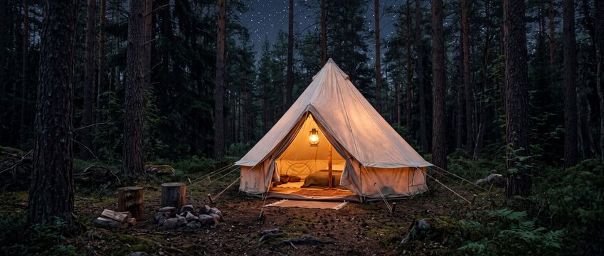 Canvas bell tent glows with warm interior lantern light in twilight pine forest under starry night sky beside small campfire ring