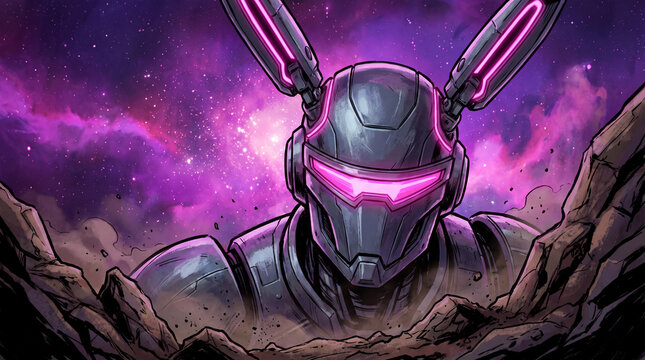 Futuristic robot with glowing eyes in cosmic nebulae, sci-fi illustration.