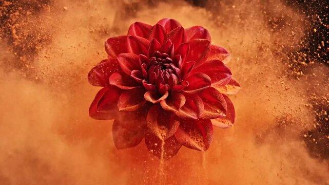 Red dahlia flower with vibrant orange powder explosion against a black background