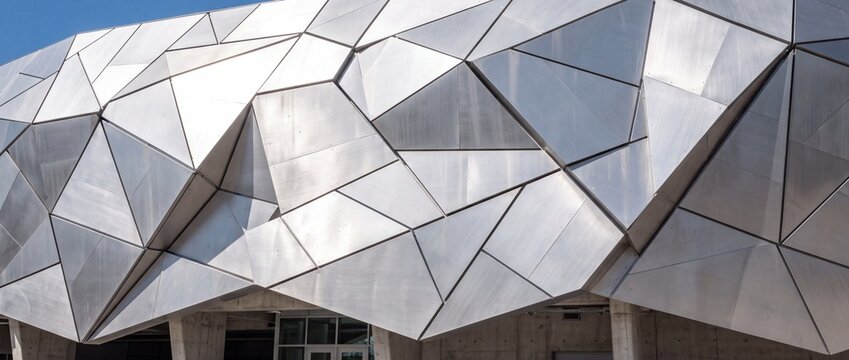 Futuristic geometric metallic panel facade with sharp angular silver lines creates contemporary architectural outer structure under blue sky