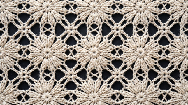 Intricate beige crochet lace pattern with floral motifs against a dark background
