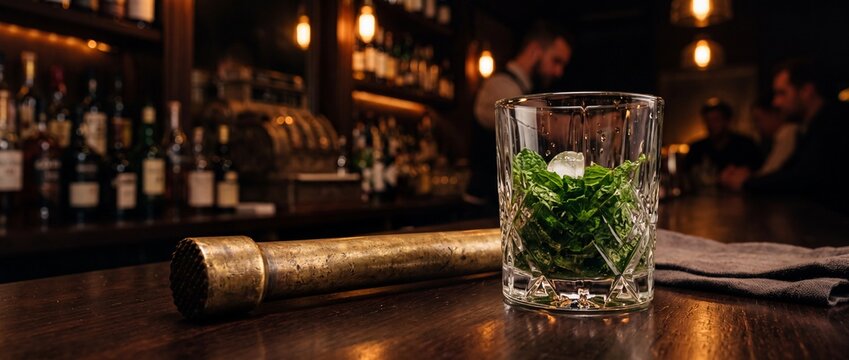Mint leaves and ice in glass with muddler on bar counter, preparing cocktail in dimly lit lounge, alcoholic beverage