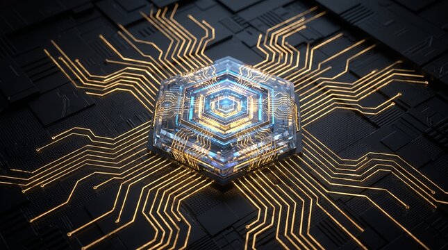 Abstract Futuristic Technology Circuit Board with Central Crystal.