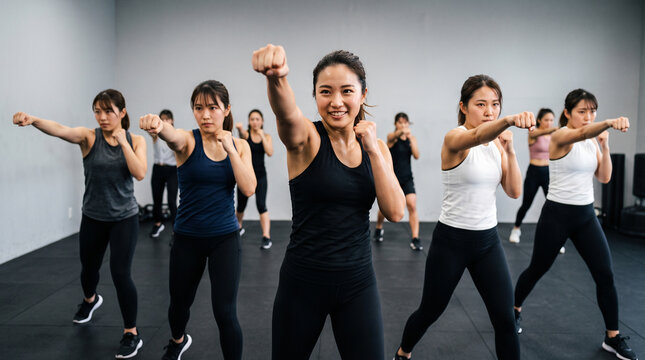Group of young women practicing martial arts punch in fitness gym
