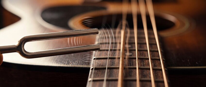 Close up of tuning fork against guitar strings, demonstrating sound wave and musical note concept, audio frequency
