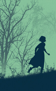 Backlit silhouette of a girl running through nature, trees in the background, two-tone, thriller. Running away from someone. Scared, fear