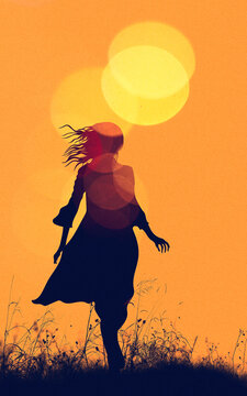 Backlit silhouette of a girl running through nature, trees in the background, two-tone, thriller. Running away from someone. Scared, fear