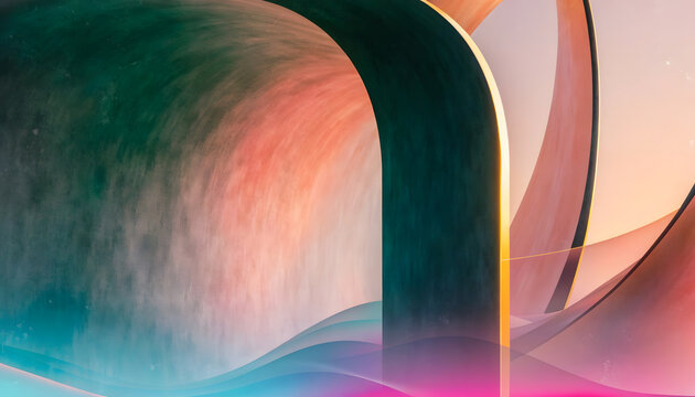 Futuristic 3d architectural arches in neon desert landscape. Meta verse portal and virtual space background. Glowing geometric structure rising above smooth pastel misty horizon