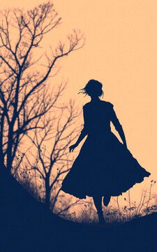 Backlit silhouette of a girl running through nature, trees in the background, two-tone, thriller. Running away from someone. Scared, fear