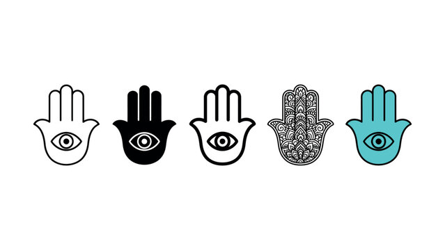 Set of five flat hamsa hand icons with spiritual eye symbols and intricate patterns on a clean white background