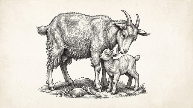 Gentle Mountain Goat and Lamb Family.