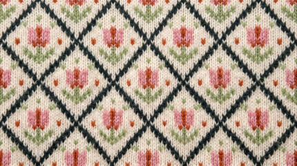 Fototapeta premium Diamond knit pattern with pink tulips and green leaves on cream background