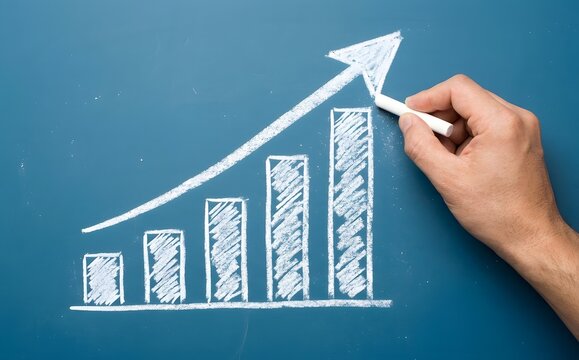 Hand drawing upward trending bar graph with arrow on a blue background
