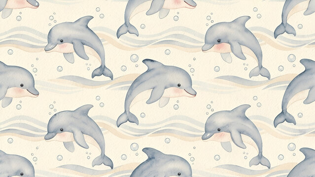 Dolphin seamless pattern illustration, watercolor marine life on cream background, cute aquatic animals with bubbles and waves for nursery wallpaper