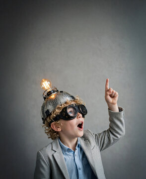 Young Scientist Pointing Up with Creative Idea